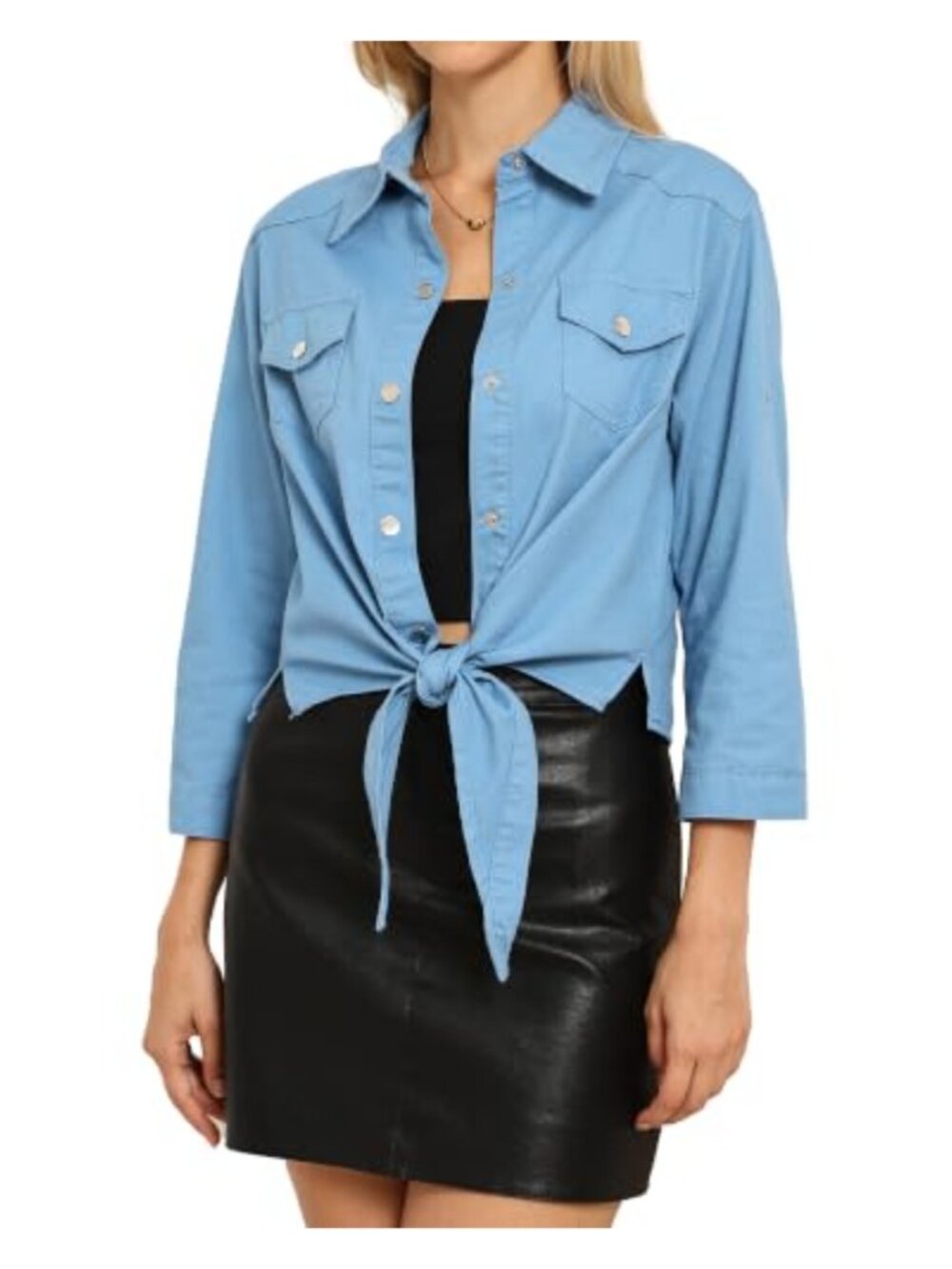 Womens Denim Crop Cardigan 3/4 Sleeve Chambray Pearl Buttons Lightweight